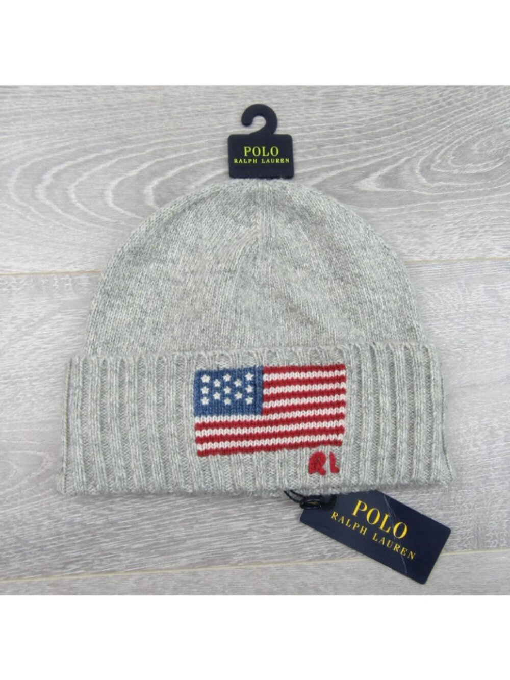 Polo Ralph Lauren RL Wool Knit USA Flag Beanie Adult One Size Grey NEW - Picture 2 of 9